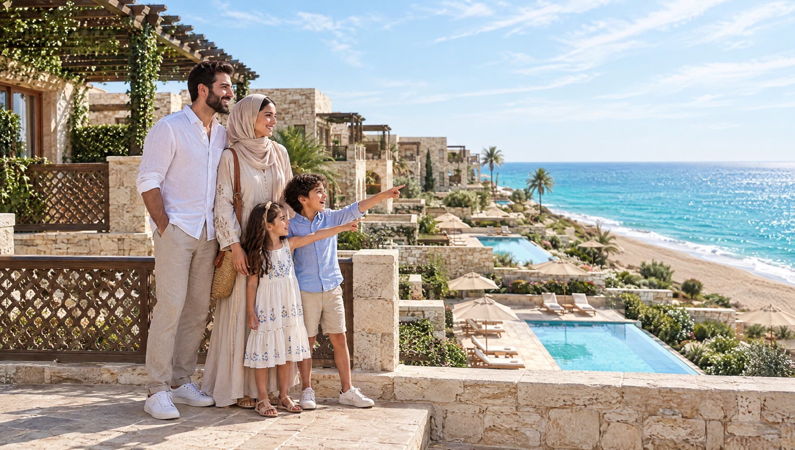 Family on a stone terrace above the pools and sand of the beach club