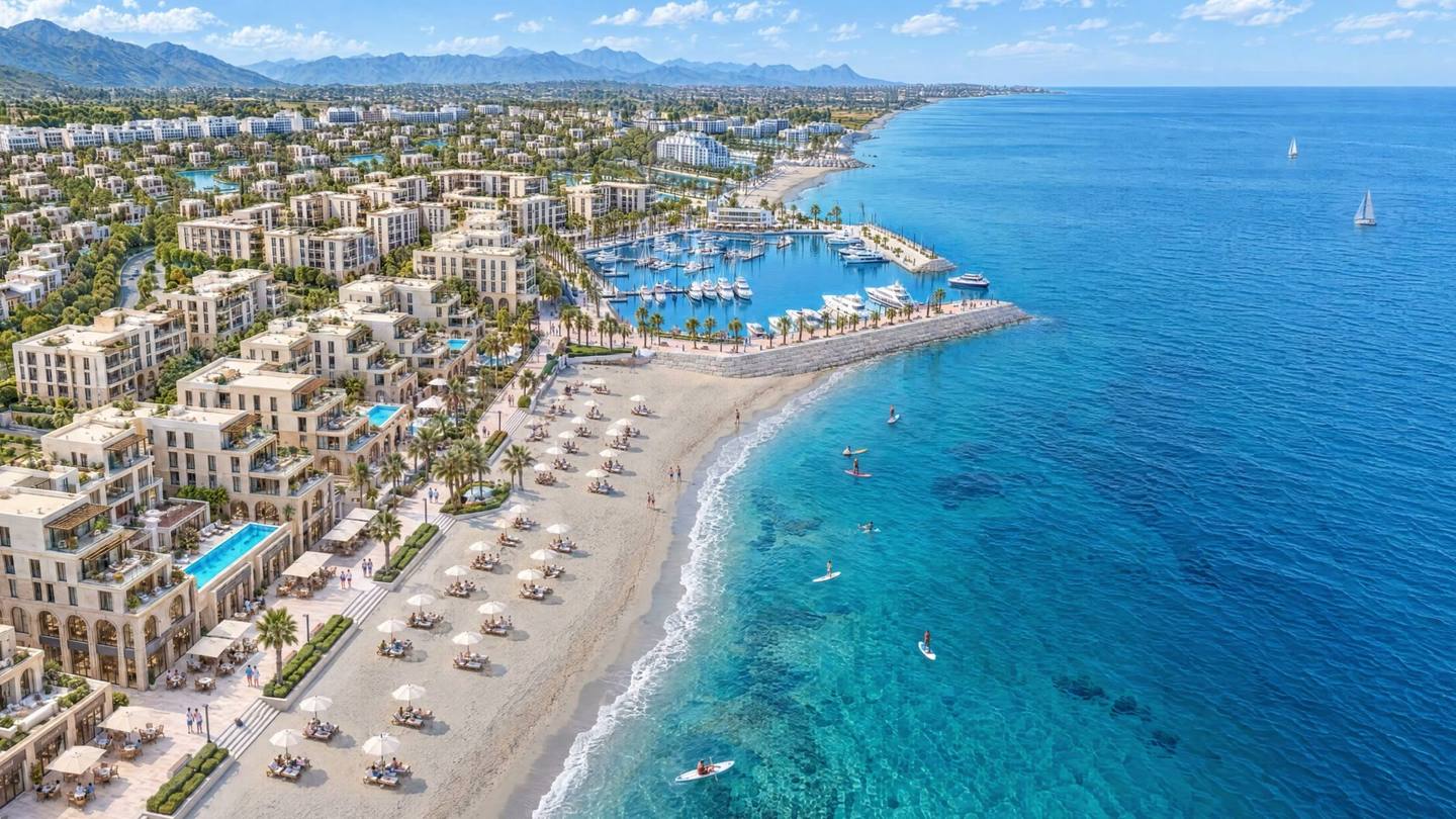Aerial view of Latakia Yachts & Marina: the marina, beach and residences along the Mediterranean coast of Syria