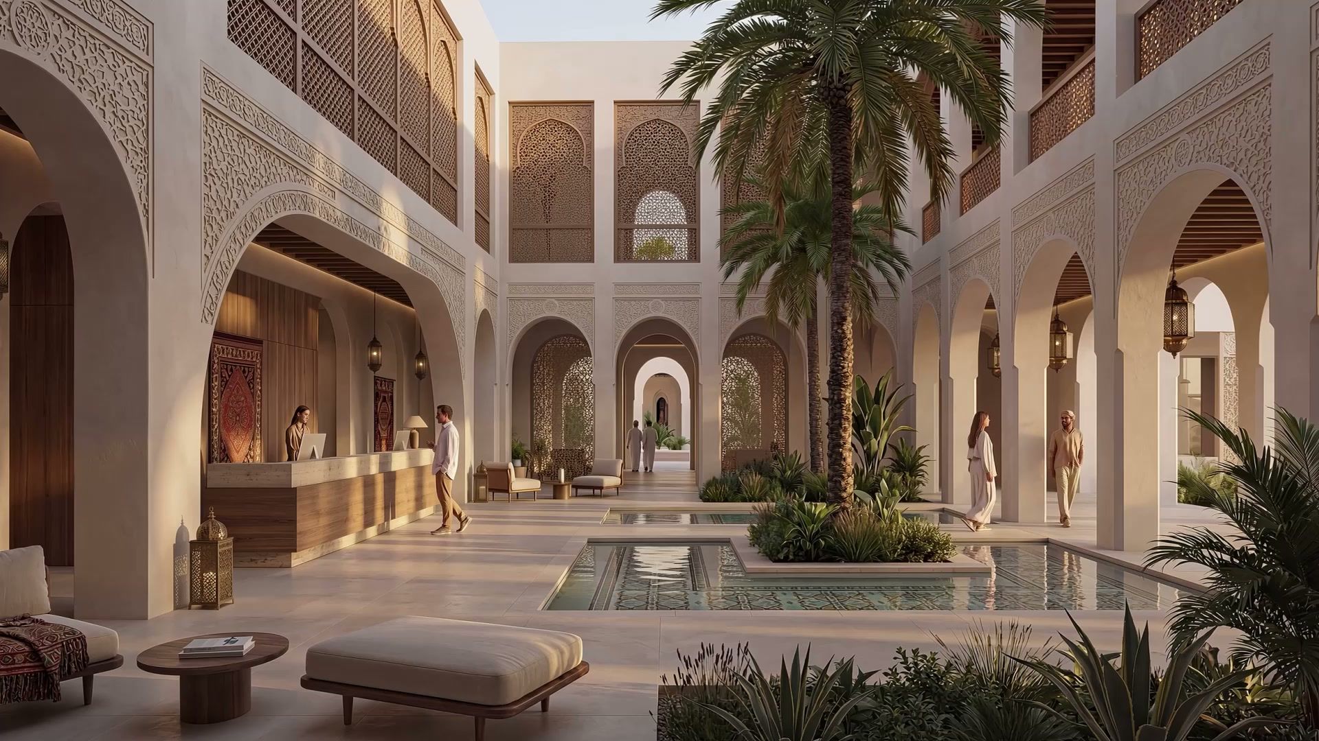Hotel courtyard at Latakia Yachts & Marina with carved stone arches, palms and a reflecting pool