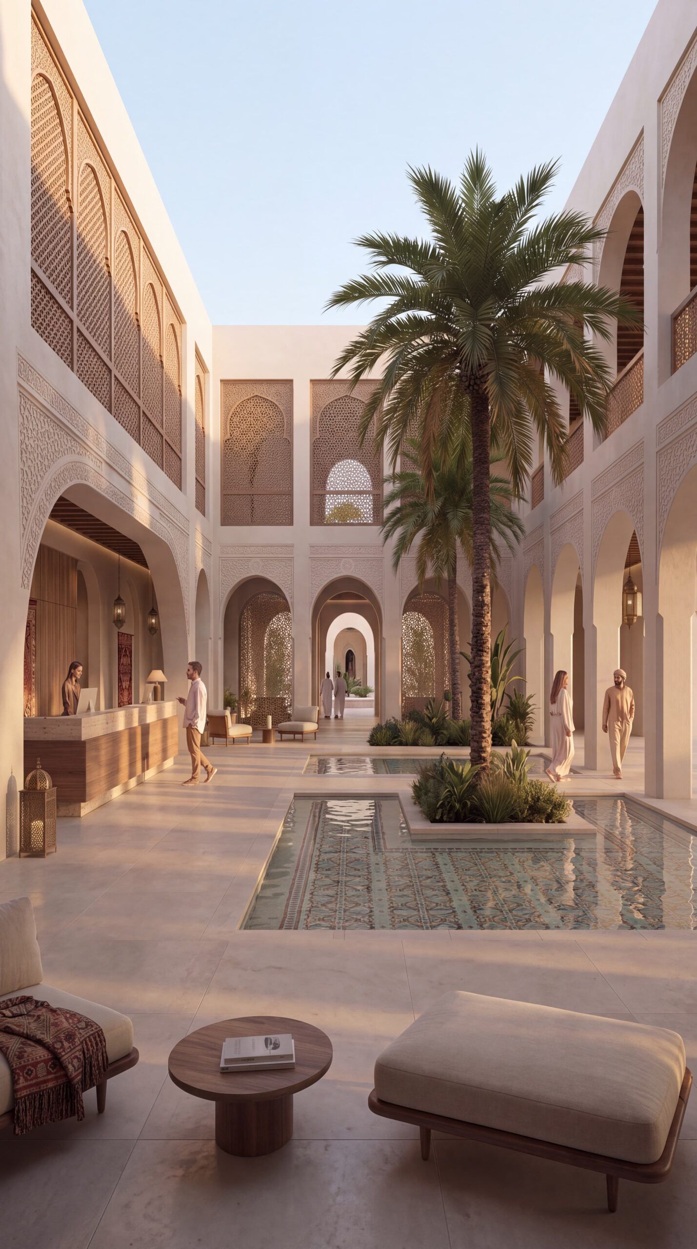 Arched hotel courtyard with a concierge desk, palms and a reflecting pool