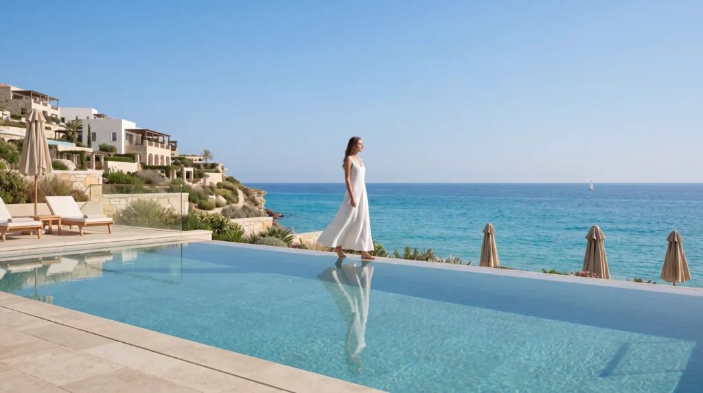 Woman in a white dress walking beside an infinity pool above the sea