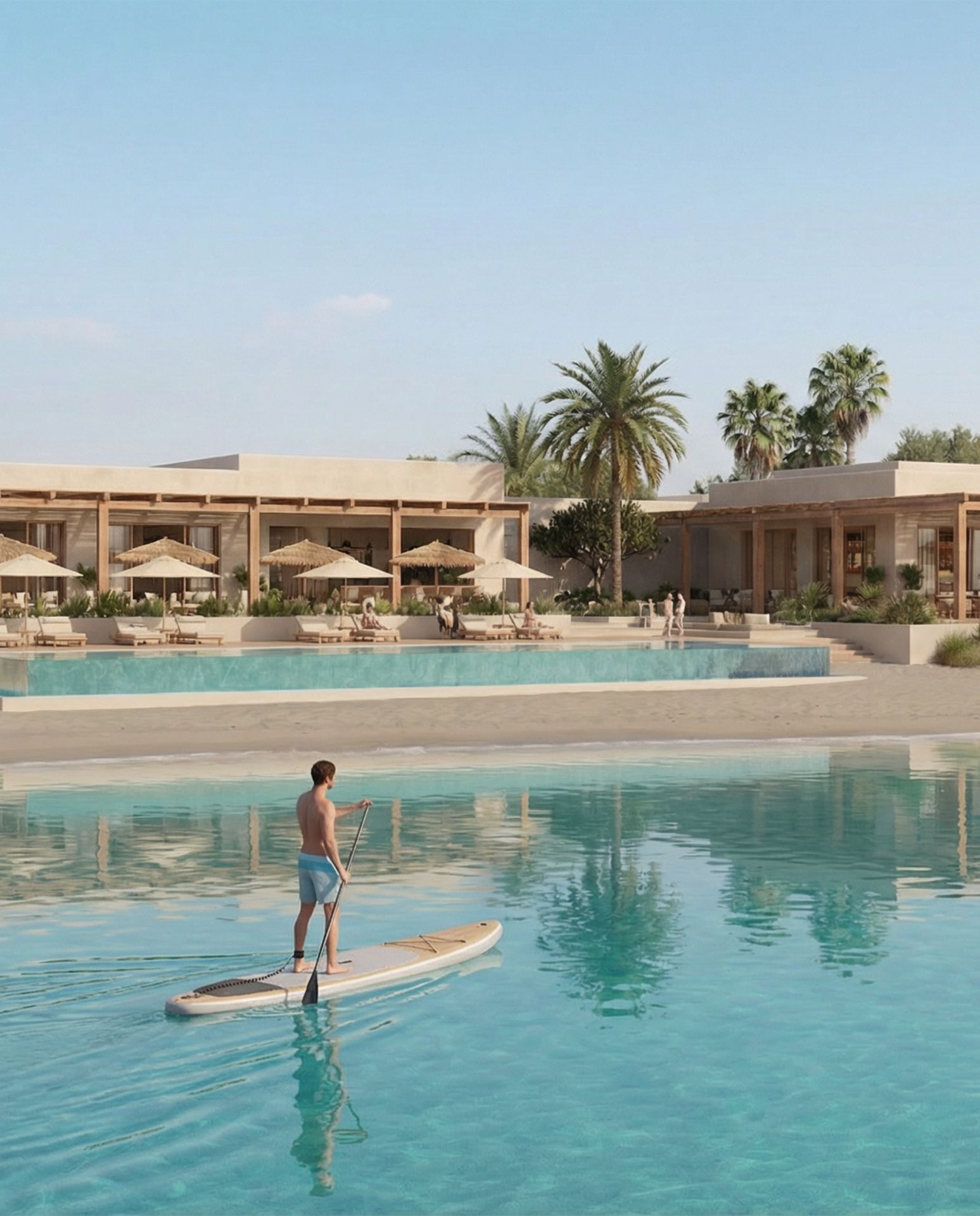 Paddleboarder crossing a calm lagoon in front of low stone pavilions and palms at Latakia Yachts & Marina