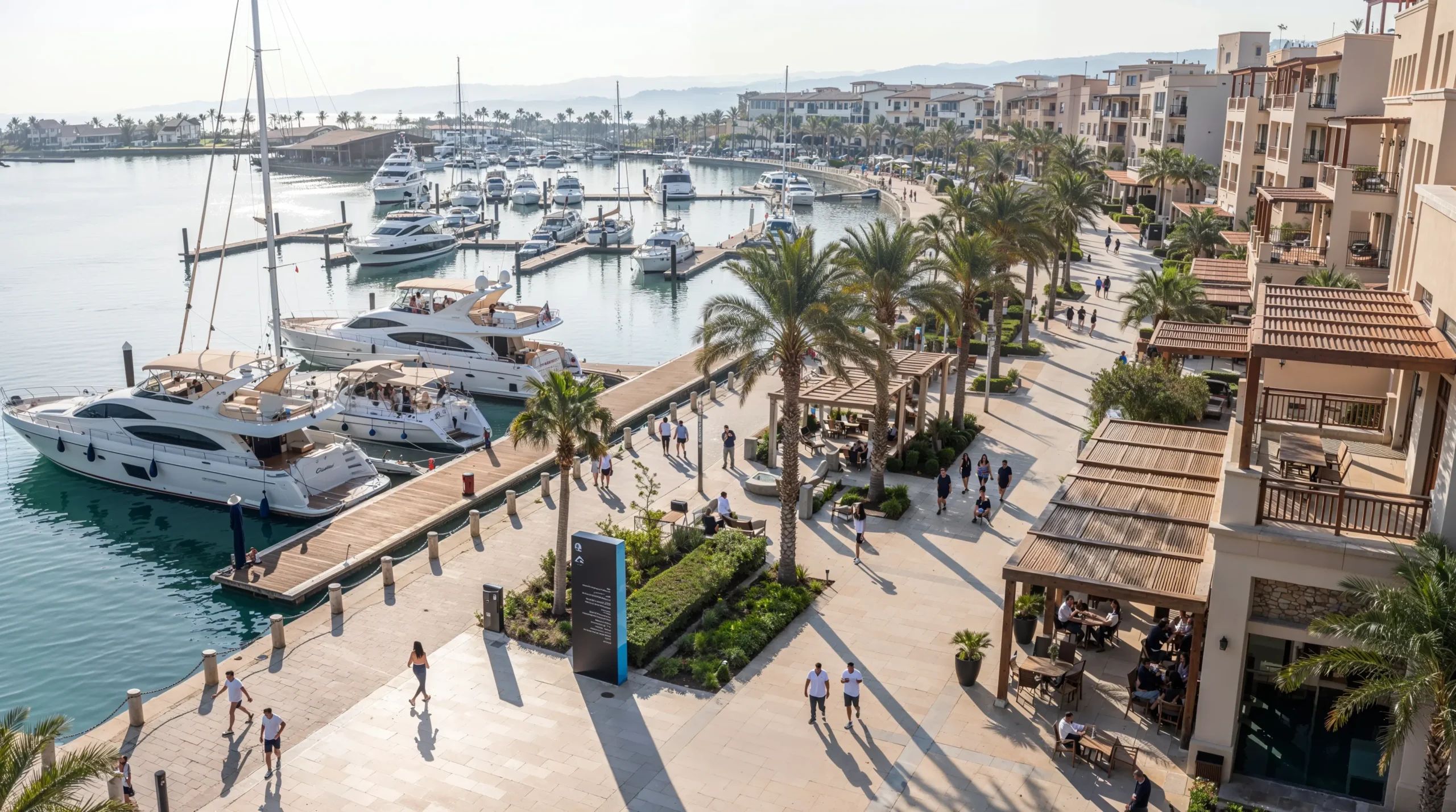 Yachts along the quay and palm-lined promenade of the Latakia marina, seen from above