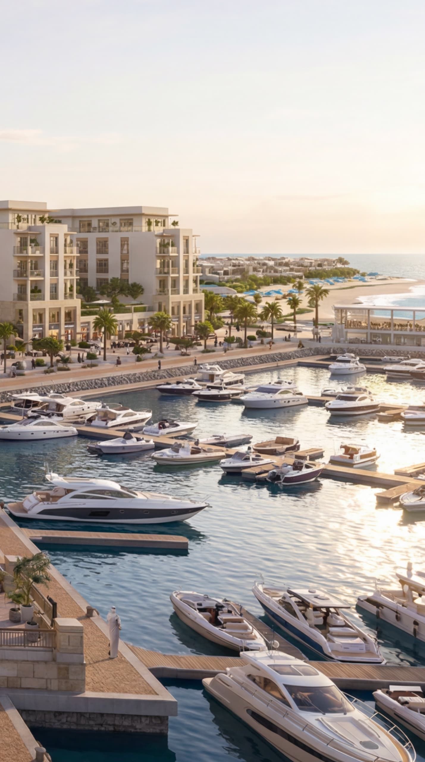 Yachts moored at the berths of the Latakia marina with apartments along the quay