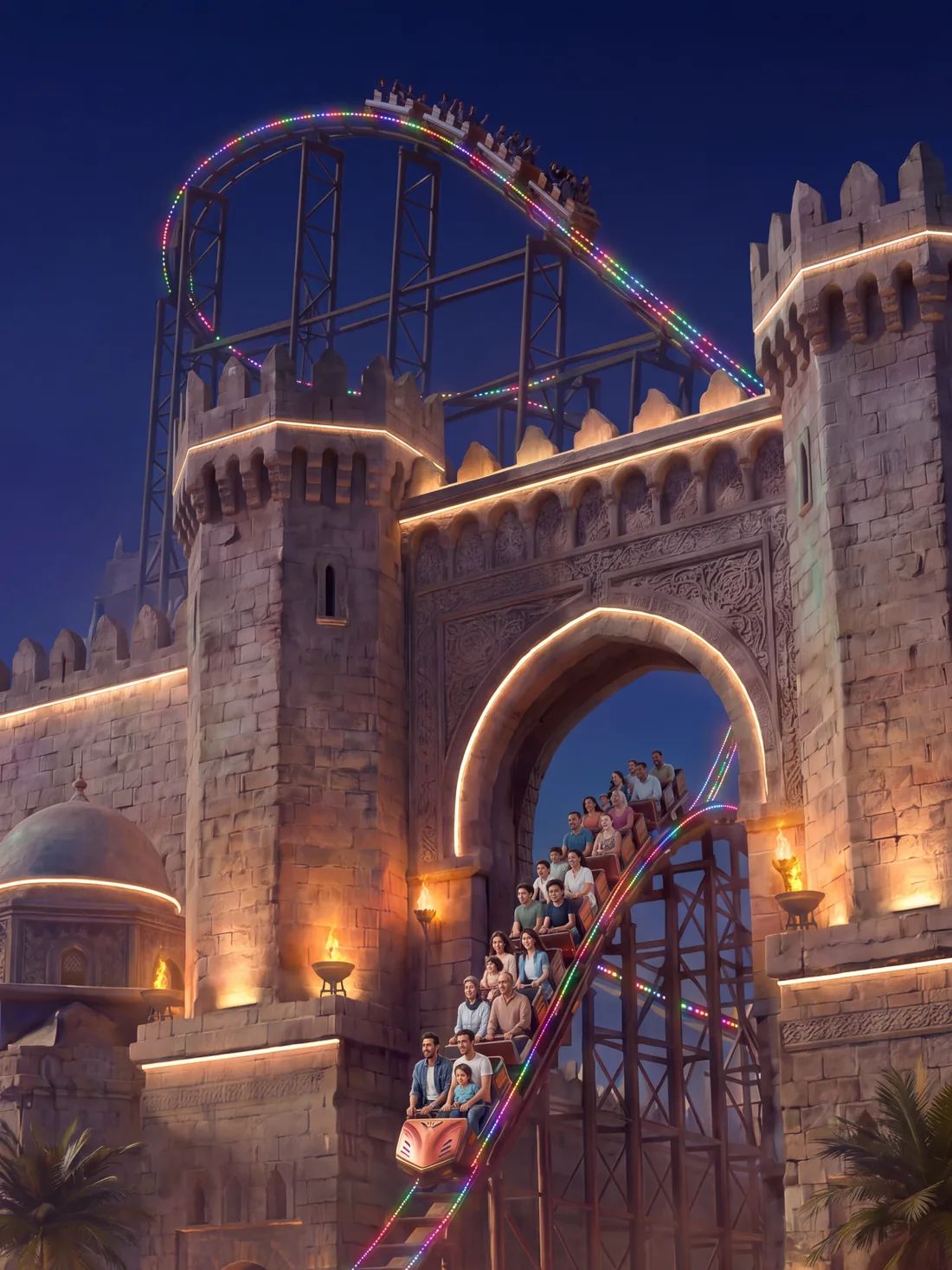 Roller coaster passing through a castle gateway at the theme park by night