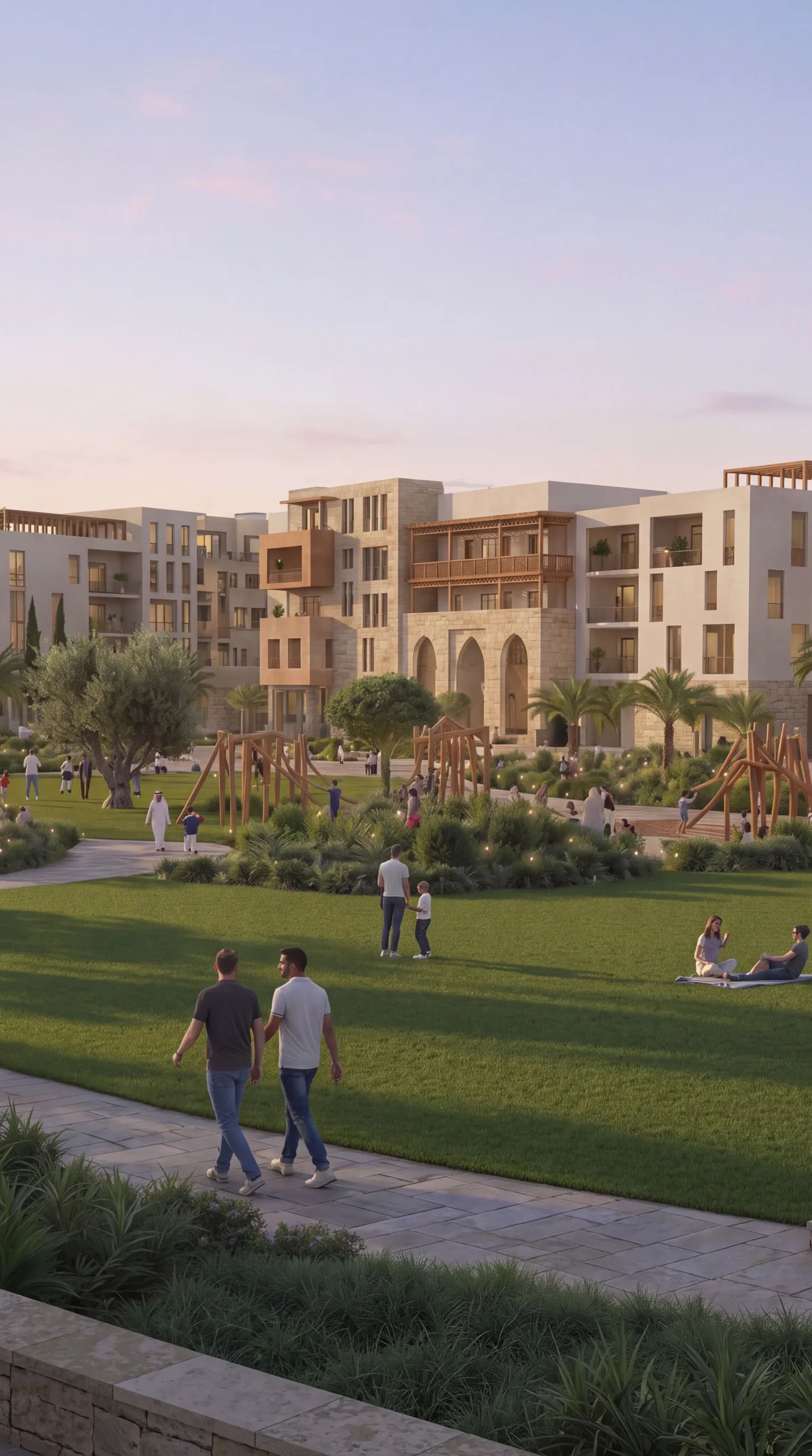Stone-clad apartment buildings with balconies overlooking landscaped lawns at Latakia Yachts & Marina