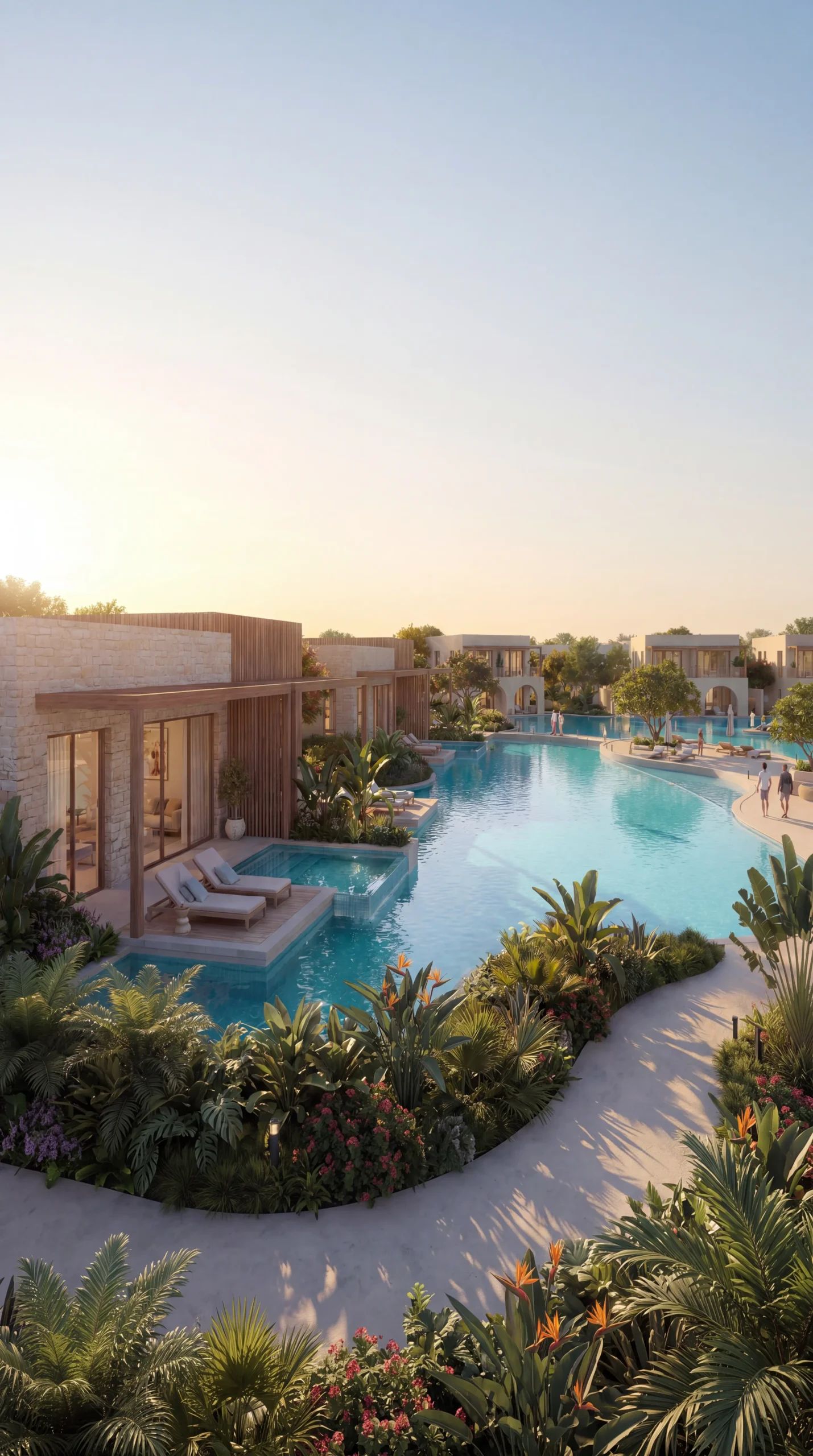 Low-rise homes with terraces around a palm-lined lagoon pool at Latakia Yachts & Marina