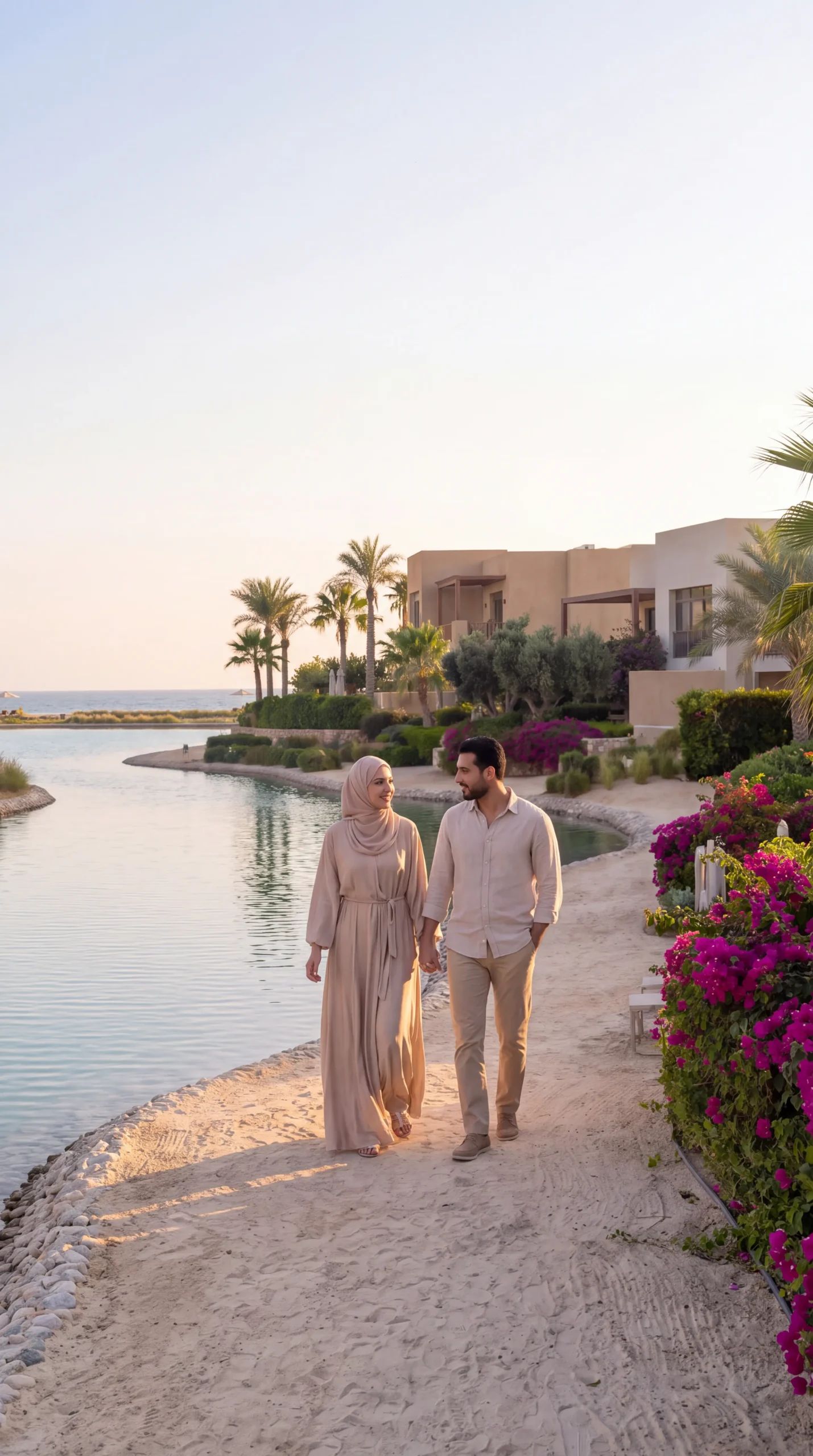 Couple walking a sandy lagoon path beside low-rise stone villas at Latakia Yachts & Marina