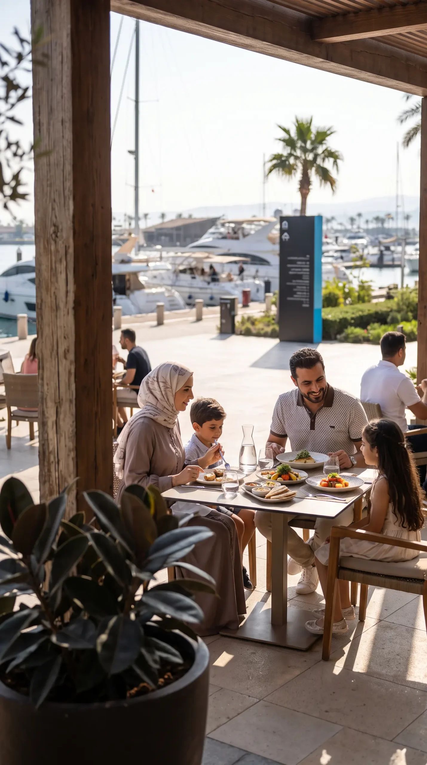 Family dining on a shaded restaurant terrace on the marina promenade