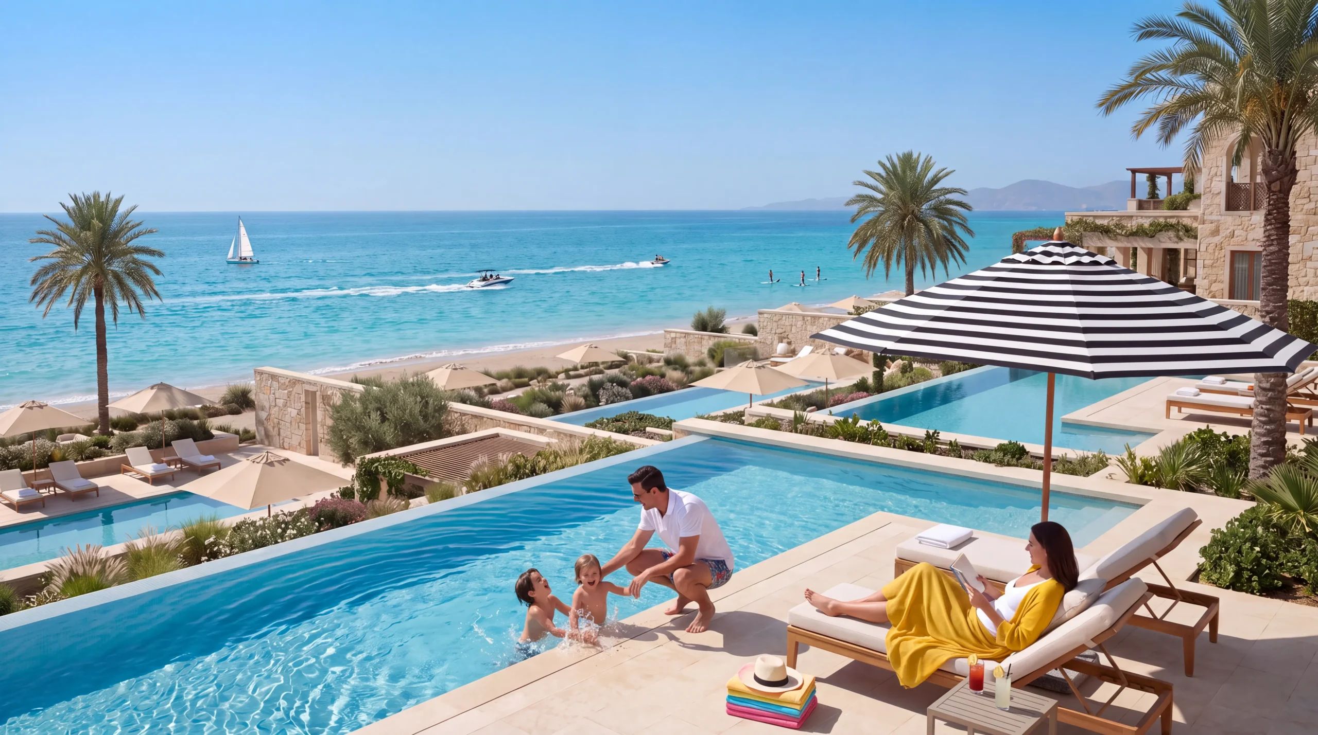 Family beside a private terrace pool looking out to the Mediterranean at Latakia Yachts & Marina