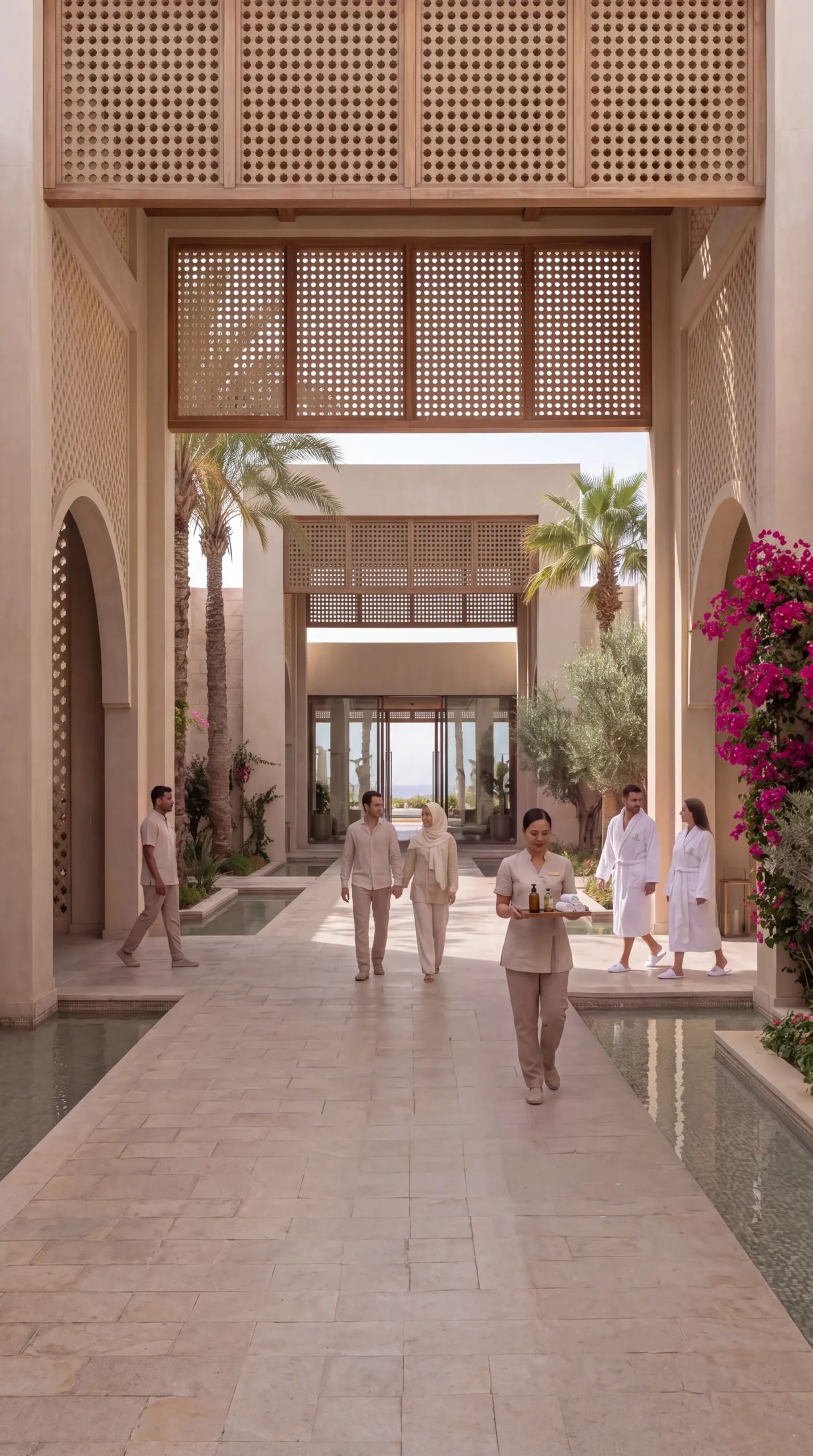 Guests in robes walking a stone spa walkway lined with water and carved screens