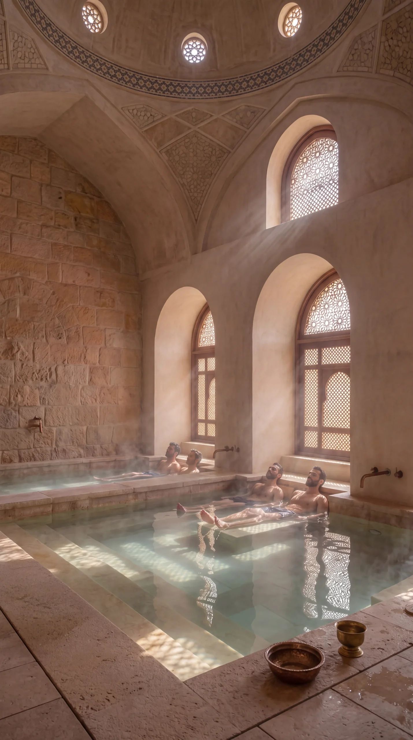Domed Syrian hammam with a warm stone bathing pool and arched windows