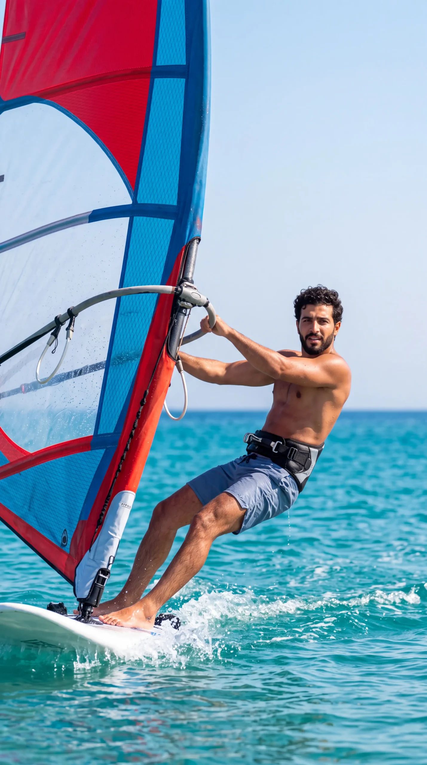 Windsurfer crossing turquoise water off the Latakia marina
