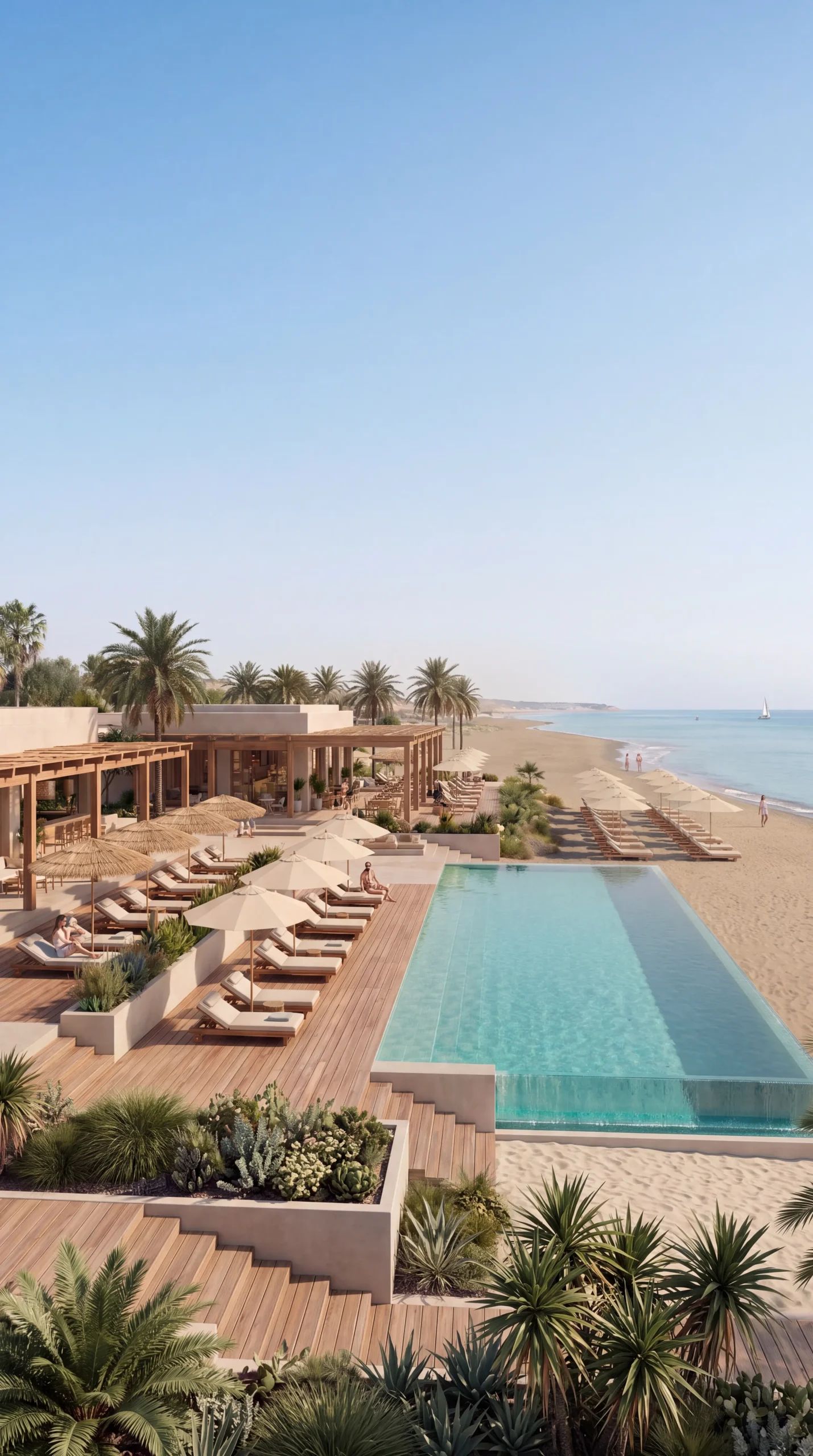 Waterfront hotel pool deck and sun loungers on the beach at Latakia